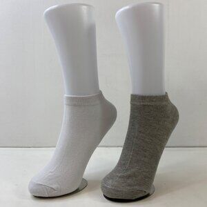 Womens Ankle Socks Set 2 Solid White Gray Ribbed Cuffs